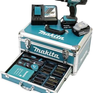 Makita DHP453RFX2 Akku-Schlagbohrschrauber 18 V / 3,0 Ah im Alukoffer + 96tlg. Zubehör-Set, Blau/Silber