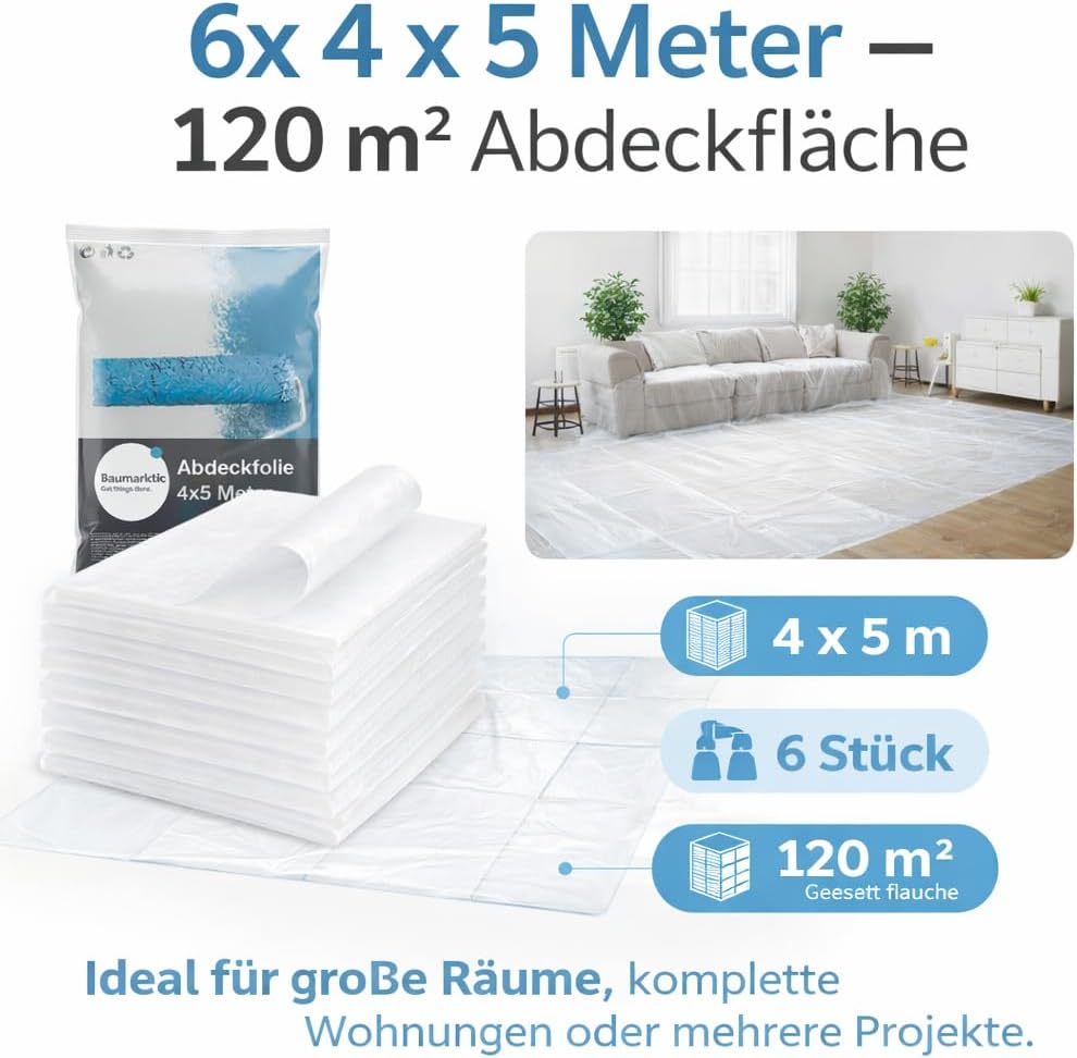 6x Malerplane 4x5 meter - Abdeckfolie - transparent & extra stark - als Malerfolie & Malervlies - Abdeckplane für Umzug & Renovierung – Bild 2