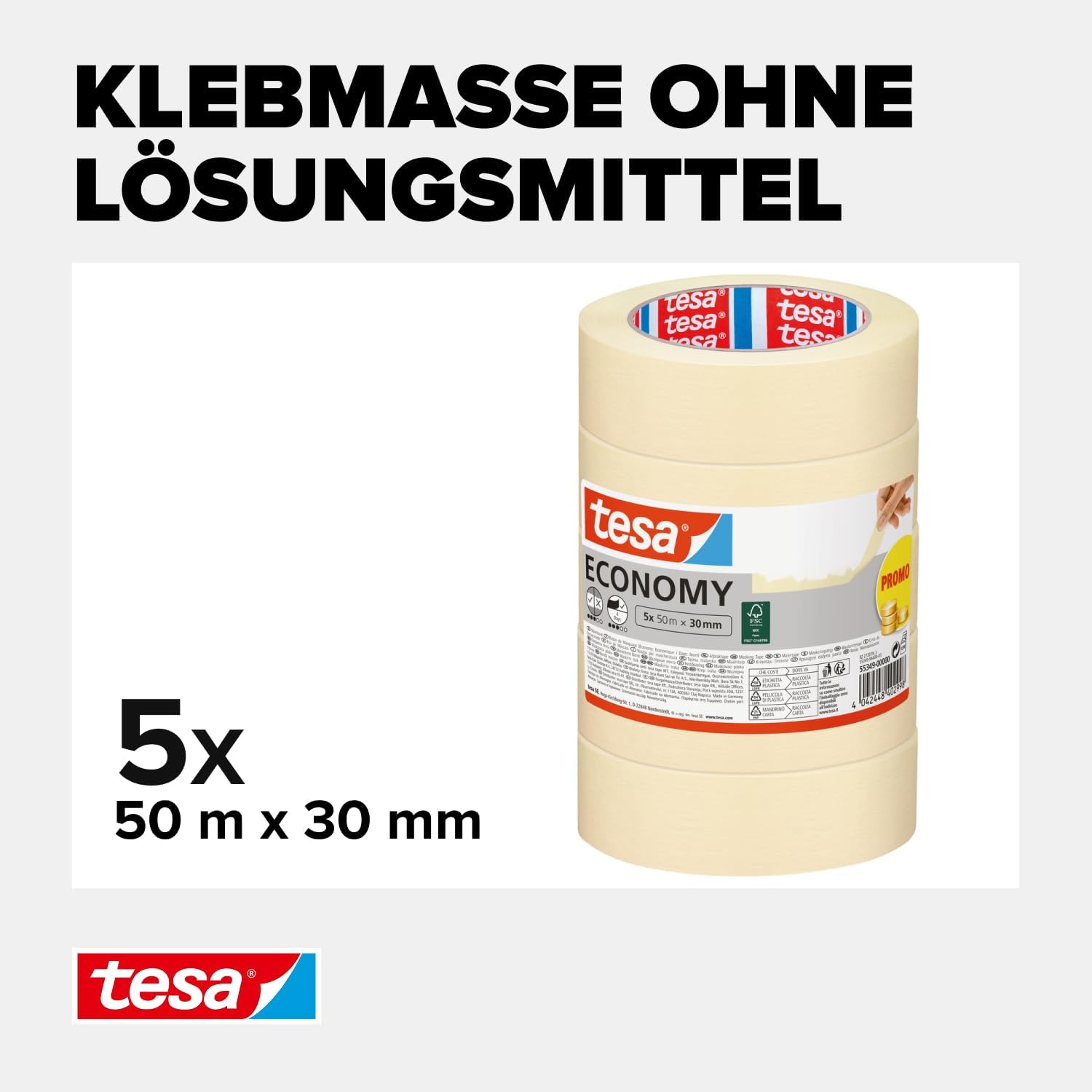 tesa Malerband ECONOMY - Vielseitiges Klebeband für Malerarbeiten ohne Lösungsmittel - Bis zu 4 Tage nach Gebrauch rückstandslos entfernbar, 5x 50 m x 30 mm – Bild 3