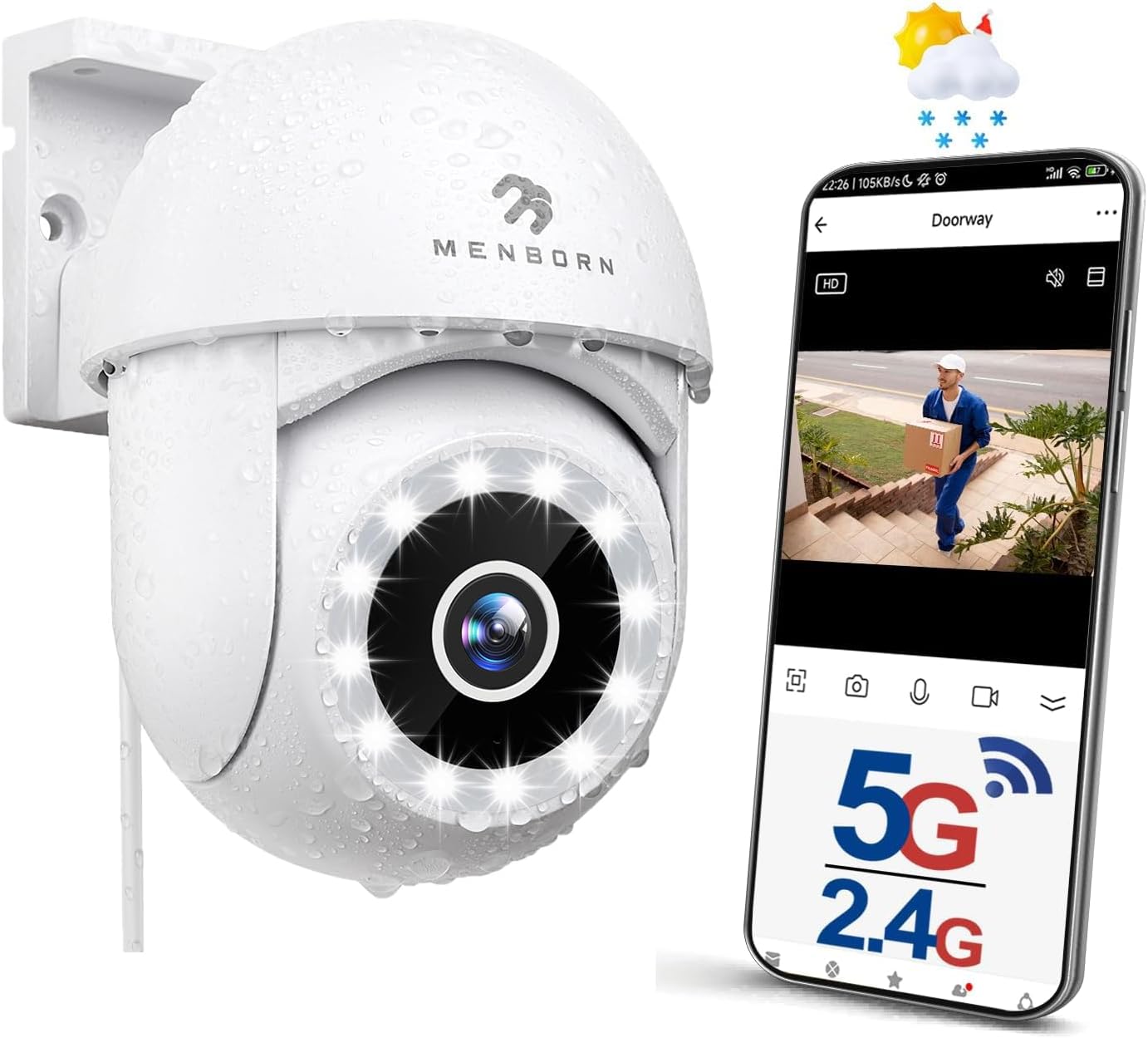 2,5K Überwachungskamera Aussen, 2,4/5GHz Kamera Überwachung mit Flutlicht, 360° Sichtbereich IP Kamera mit Vollfarb-Nachtsicht, Automatischer Verfolgung, 2-Wege-Audio, Funktioniert mit Alexa