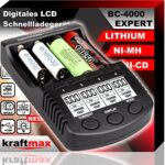 Kraftmax BC-4000 Expert Ladegerät – Universelles Akku Ladegerät für AA/AAA NiMH & NiCd SMART Li-Ion Technology, Innenwiderstandsmessung, LCD Display & Refresh-Funktion