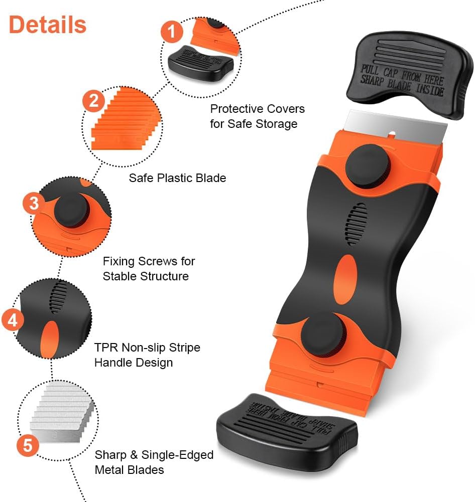 Ainiv Schaber Set, Stabiler Kochfeldschaber mit 20 Ersatz-Klingen, Schaber Küchenschaber, Kochfeldschaber, Reinigungsschaber, Herd Glasschaber, Herdschaber für Backofen, Glaskeramik-Orange – Bild 4