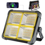 100W LED Baustrahler Akku mit Solar 10000LM Tragbare Arbeitsleuchte, 12000mAh LED Strahler Akku, 4 Lichtmodi, Campinglampe Tragbar Ideal für Camping, Arbeit, Angeln, Garage