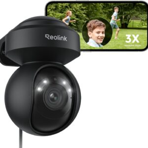 Reolink 5MP PTZ Überwachungskamera Aussen WLAN, 3X Optischer Zoom, 2,4/5GHz WLAN Kamera Outdoor mit Automatischer Verfolgung, Personen-/Fahrzeugerkennung, Vollfarb-Nachtsicht, E1 Outdoor Schwarz
