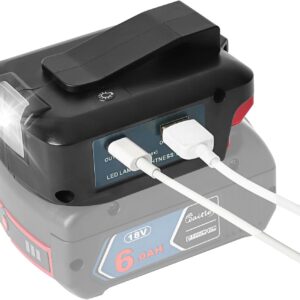 USB Ladegerät Adapter für Bosch Professional Akku 18V mit Zwei USB-Anschlüssen & DC 12V 3A Anschluss & LED-Arbeitsleuchte & Gürtelclip (Akku Nicht enthalten)