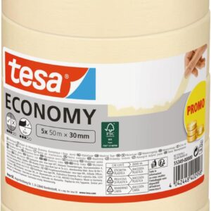 tesa Malerband ECONOMY - Vielseitiges Klebeband für Malerarbeiten ohne Lösungsmittel - Bis zu 4 Tage nach Gebrauch rückstandslos entfernbar, 5x 50 m x 30 mm