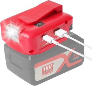 USB-Akku-Adapter für Einhel_l_Power Change 18V Akku-System mit DC 12V Anschluss & Zwei USB-Anschlüssen & LED-Arbeitsleuchte & Gürtelclip