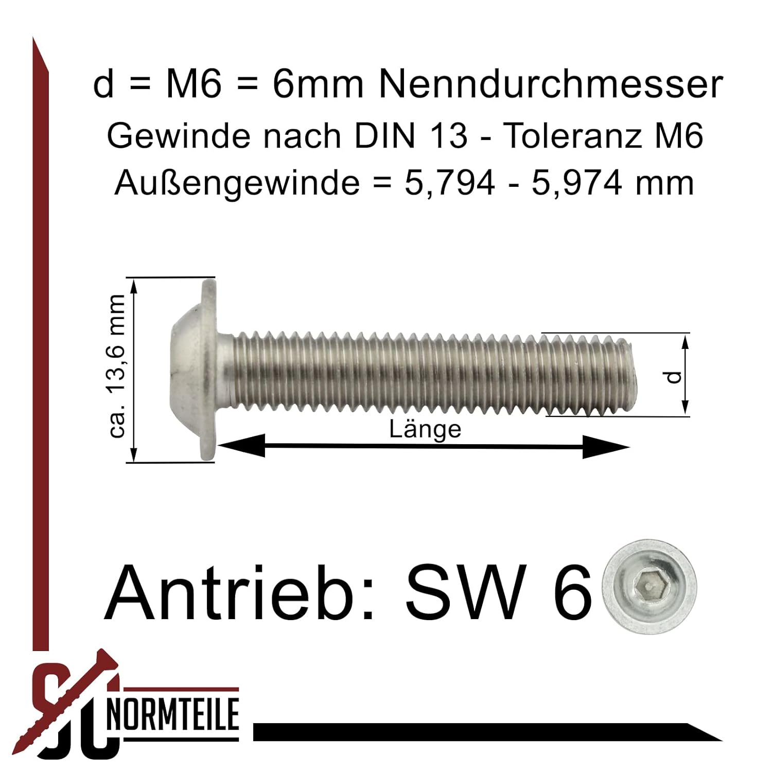 Linsenkopfschrauben mit Flansch und Innensechskant (ISK) - M6x30 - (100 Stück) - ISO 7380-2 - rostfreier Edelstahl A2 V2A - Vollgewinde - Flanschschrauben - Flachkopfschrauben - SC7380-2 – Bild 5