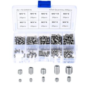 HAOCHEN 200 Stück M3 M4 M5 M6 M8 Gewindestifte, Sechskantkopf, Imbusschlüssel set, Hex Grub Kopf Maschinenschraube Schraube, Edelstahl Schrauben Set