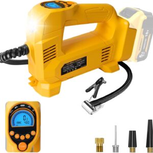 Akku Kompressor kompatibel mit Dewalt 18V Akku, Elektrischer Luftkompressor bis 10,34 bar mit LED-Licht & Autostopp, Tragbare Luftpumpe für Auto, Motorrad, Fahrrad, Bälle (ohne Akku)
