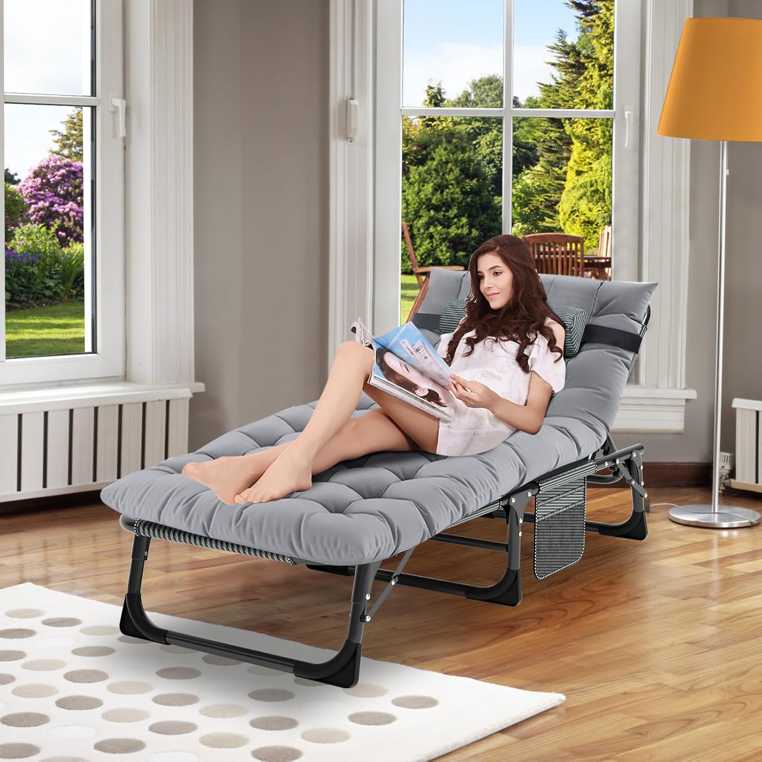 MOPHOTO Sonnenliege, Faltbare Sonnenliege für den Garten mit Matratze, verstellbare Rücken- und Beinauflagen, tragbar, für drinnen und draußen, zusammenklappbar(Grünes Kinderbett, Graue Matte) – Bild 2