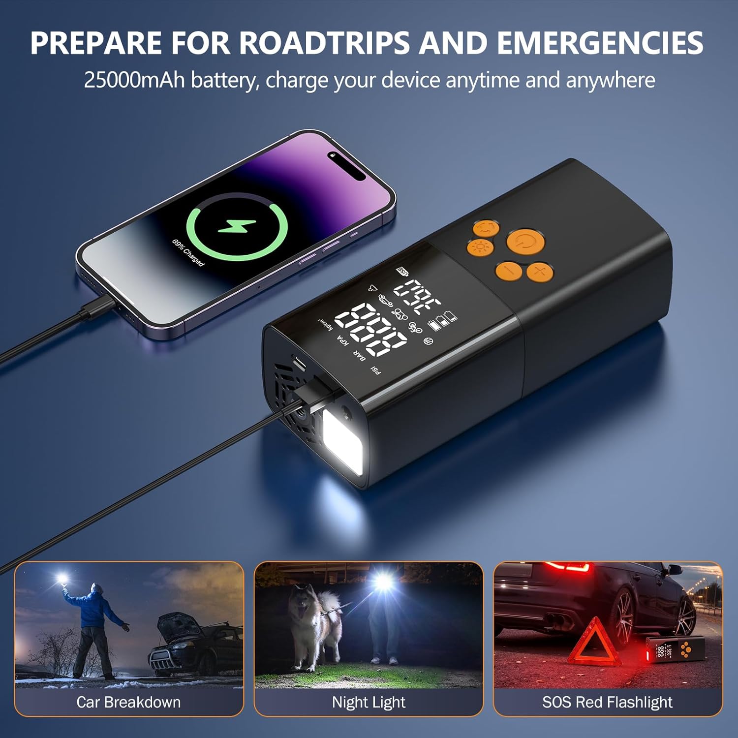 Elektrische Luftpumpe, 180PSI Akku Kompressor für Autoreifen mit 25000mAh Akku, EIN-klick-Smart-Aku Fahrradpumpe für Auto, Motorrad, Fahrrad und mehr mit Reifendruckmesser – Bild 5