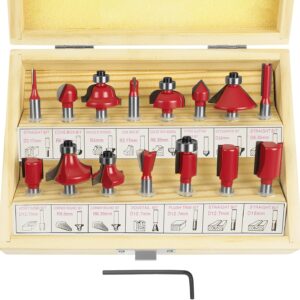 flintronic Fräser-Set, 6.35MM Fräsen Werkzeug Set, 15-TLG Holzkoffer Geschmiedeter Werkzeugstahl Oberfräser, Bündigfräser, Holzschneider mit Kunststoff-Box, Bodenreinigung für Holzbearbeitung
