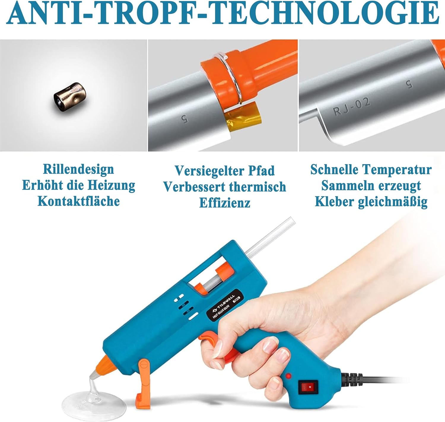 Tilswall Heißklebepistole 50W mit 75 Klebesticks 7 mm x 130 mm, Heissklebepistole für Schule, Heimwerken, Kunsthandwerk und schnelle Reparaturen im Haushalt – Bild 5