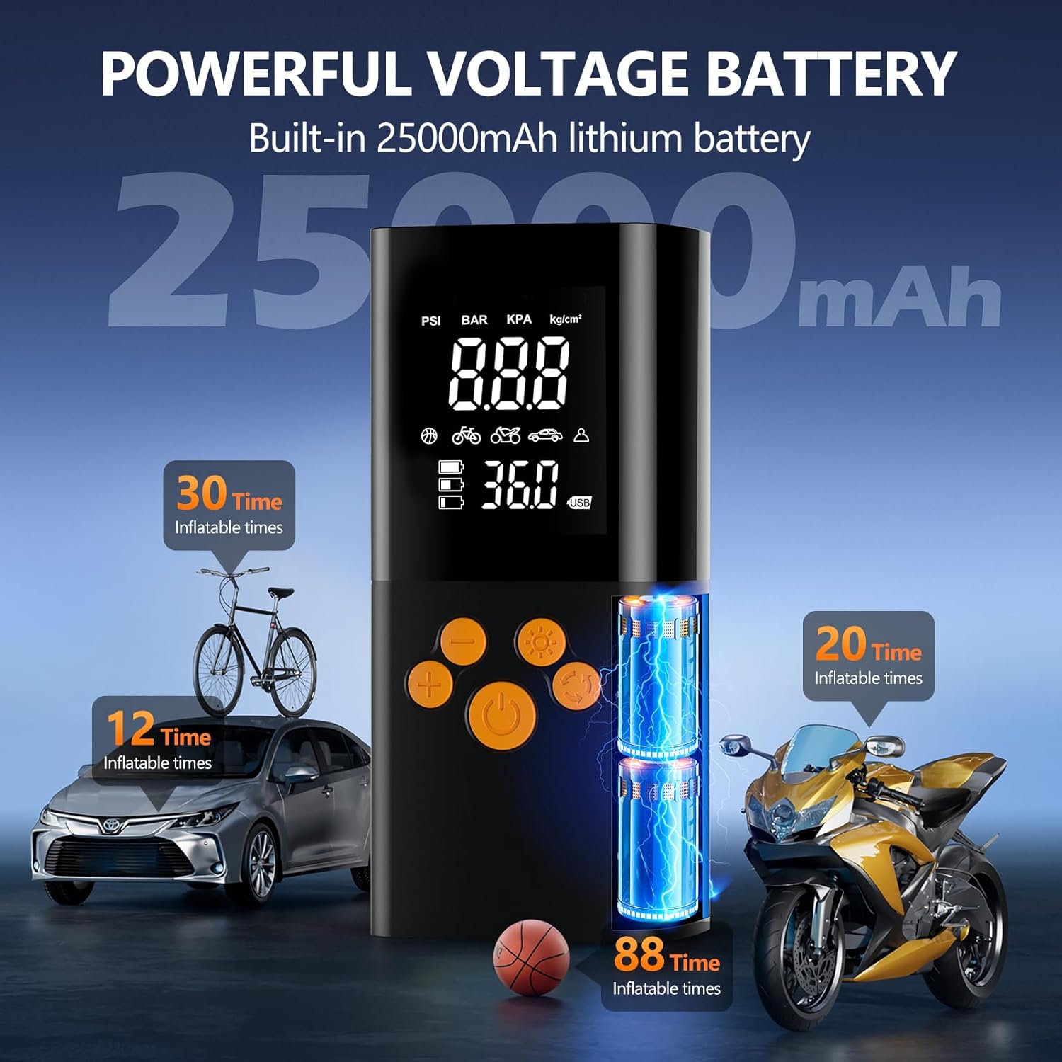 Elektrische Luftpumpe, 180PSI Akku Kompressor für Autoreifen mit 25000mAh Akku, EIN-klick-Smart-Aku Fahrradpumpe für Auto, Motorrad, Fahrrad und mehr mit Reifendruckmesser – Bild 3