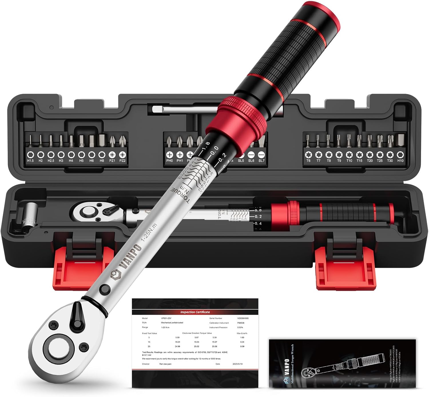 VANPO Drehmomentschlüssel 1/4 Zoll,1-25NM, 32-tlg Klein Drehmomentschlüssel Fahrrad & Motorrad Set mit Verlängerungsstange,Sechskant,Torx & Kreuzschlitz,72 Zähne,für Fahrräder, Mountainbike-Reparatur