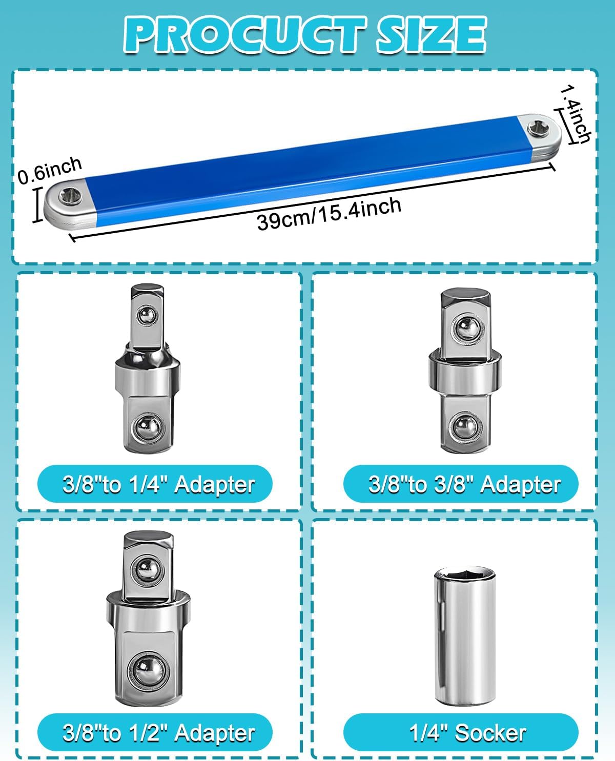 Offset-Verlängerungsschlüssel, 38,1 cm, Nullgrad-Ratschenschlüssel-Verlängerung, Steckschlüssel-Werkzeug mit Vierkantantriebs-Adaptern (1/2 Zoll, 1/4 Zoll, 3/8 Zoll), Universal-Verlängerungsschlüssel – Bild 3