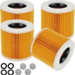 4 Patronenfilter, WD3 Filter Kompatibel mit WD3, WD2, WD1, MV3, MV2, A, K, KNT, NT, SE, VC Staubsauger, Ersatz 6.414-552.0, mit 4 Verschluss Schrauben, für Allergiker