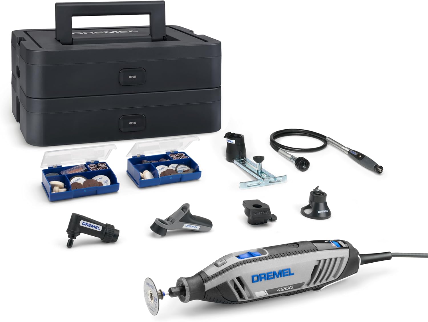 Dremel 4250 Multitool 175W, variable Drehzahl 5.000-35.000 U-min, Multitool-Kit mit 6 Aufsätzen, 1 Dremel BOX, 128 Zubehörteile zum Schneiden, Gravieren, Schleifen, Schärfen, Bohren, Fräsen
