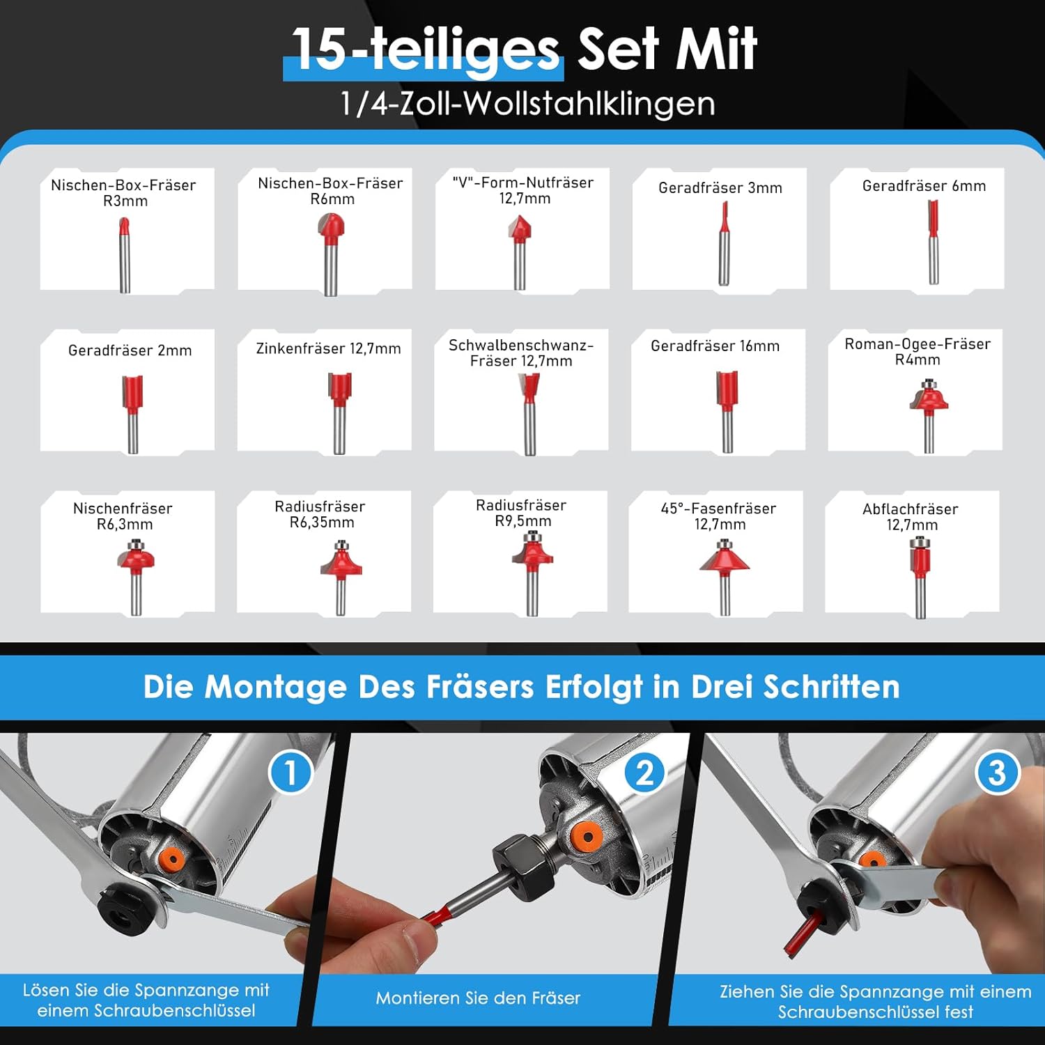 Akku Oberfräse für Makitta18V Akku für 6.35mm+8mm Spannzange,900W kantenfräseTrimmer Set mit 15 Stück 1/4" Fräser,30000 U/min Akku Kantenfräse,Hartmetall Fräser – Bild 5