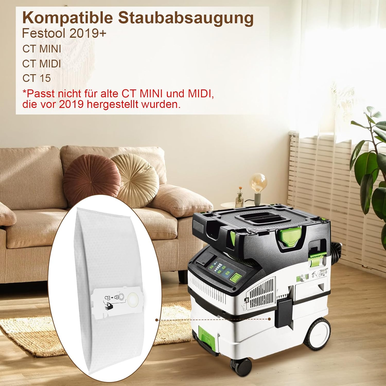 10 Stück SELFCLEAN Filtersack SC-FIS-CT MINI/MIDI-2/5 für Festool CT MINI/MIDI / 15 Staubsauger ab Baujahr 2019,Staubsaugerbeutel Ersatzteile,Große Kapazität Ersatzbeutel Zubehör – Bild 2