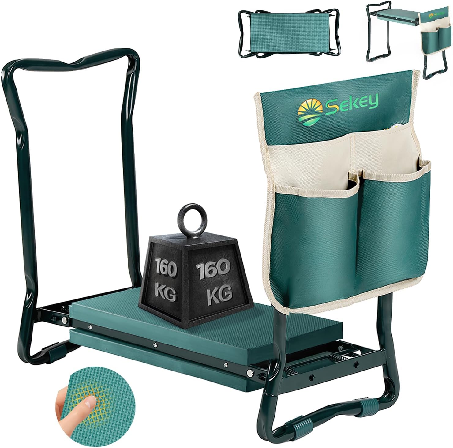 Sekey Höhenverstellbare Kniebank für Gartenarbeit Belastbarkeit 160KG, Gartenhocker Klappbar mit Werkzeugtaschen, Kniehilfe für Gartenarbeiten 60 * 50 * 28 cm, Grün (Standard)