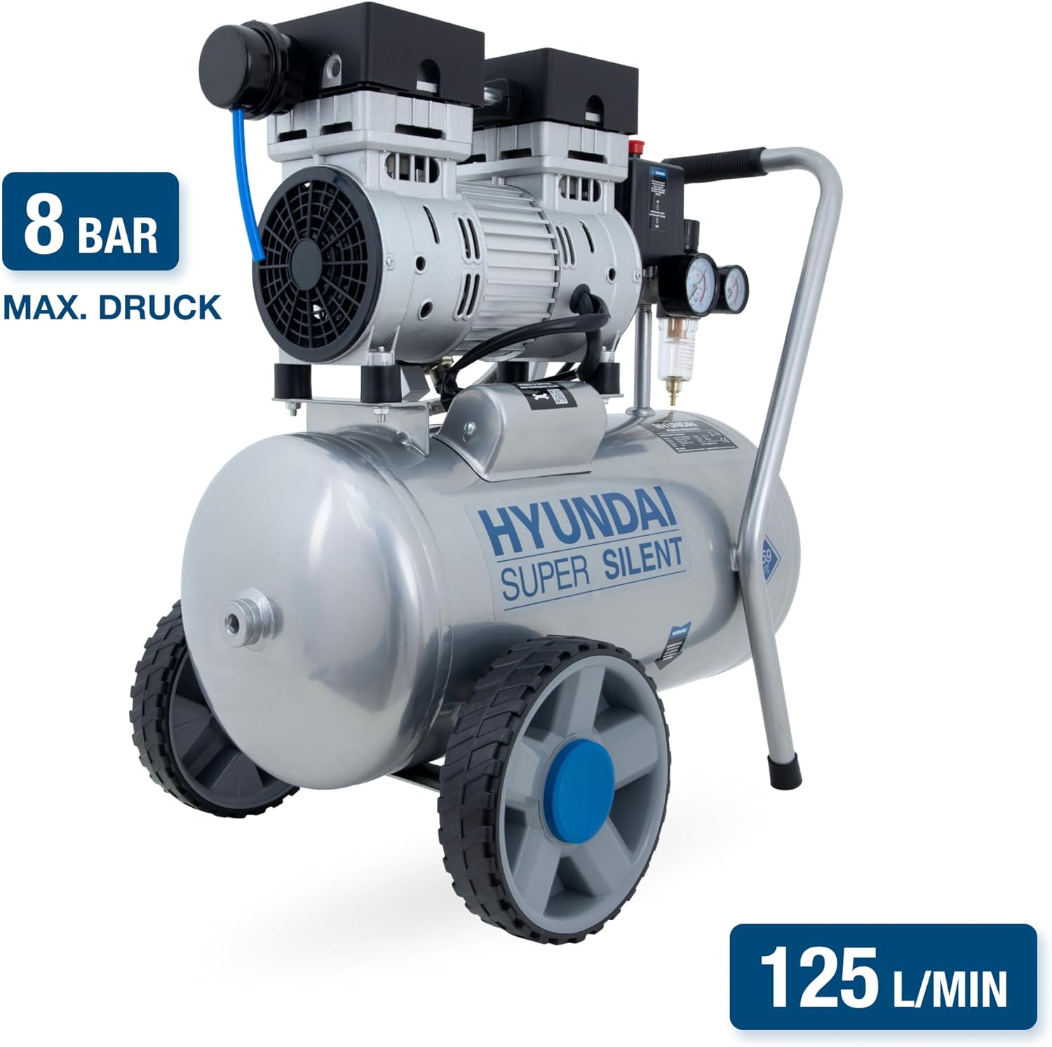 HYUNDAI Silent Kompressor SAC55752 | 24L Kessel, 8bar, ölfrei | 0.75kW / 1.0PS | Ansaugleistung 125 L/Min | Öl-Wasserabscheider | 59dB Luftkompressor leise, Flüster-Kompressor – Bild 4