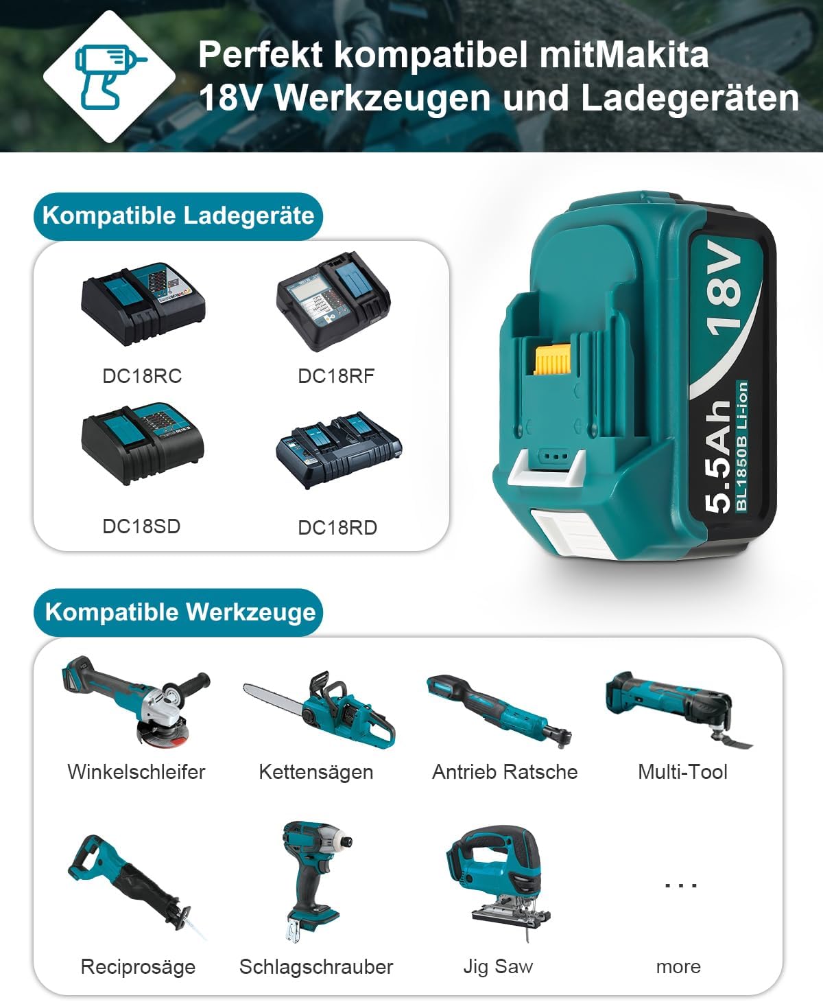 5500mAh 18 V Li-Ion Ersatzakku BL 1855B BL1860B BL1860 BL1850B BL1850 BL1840 BL1830 BL1815(2 Stück) – Bild 3