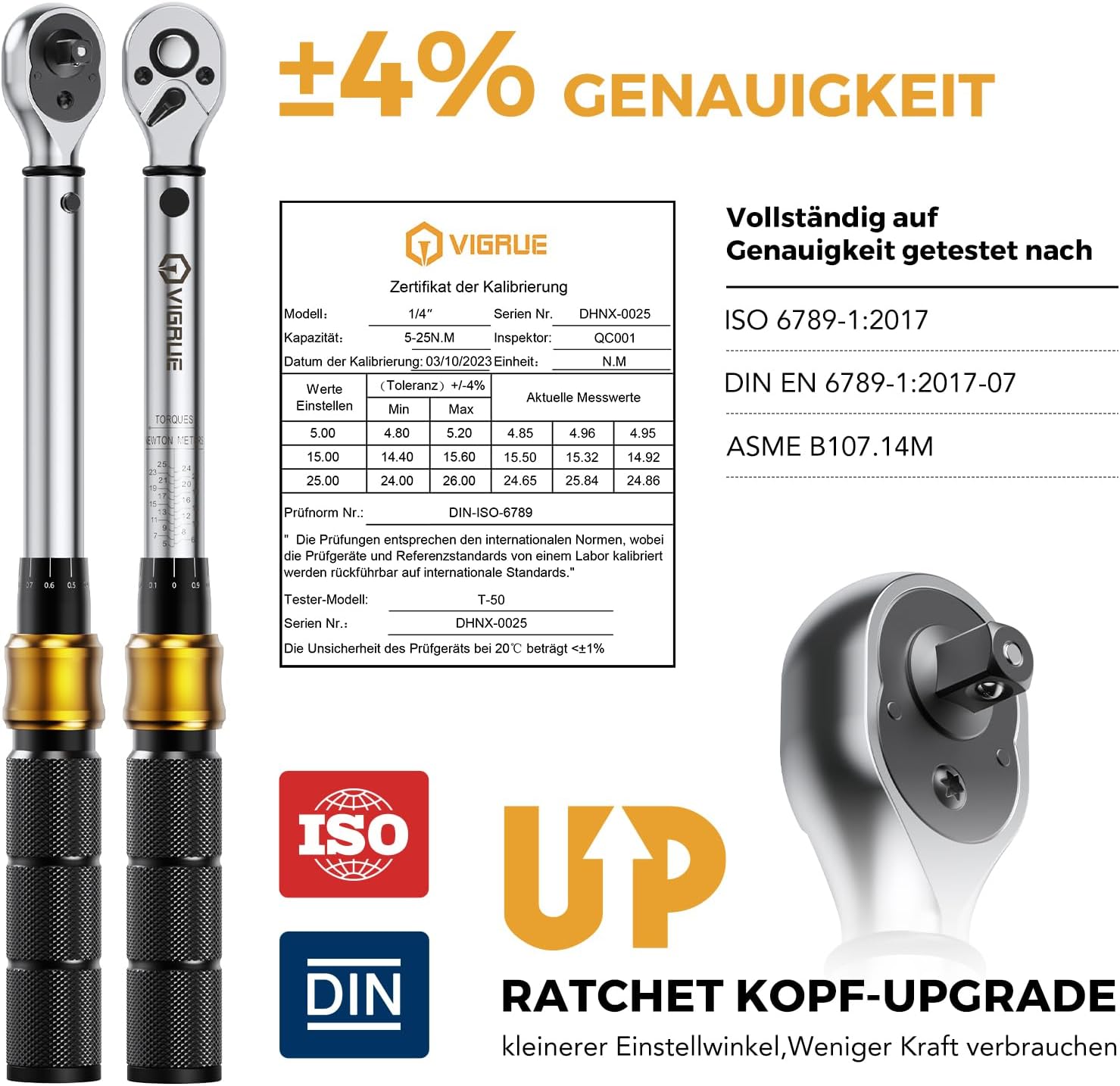 Drehmomentschlüssel Fahrrad 5-25 Nm, VIGRUE Drehmomentschlüssel 1/4 Zoll, ±4% Genauigkeit, Torque Wrench Set mit Ratsche, Verlängerungsstange, Universalgelenk, Zündkerzenhülse, Bits für Motorrad, Auto – Bild 2