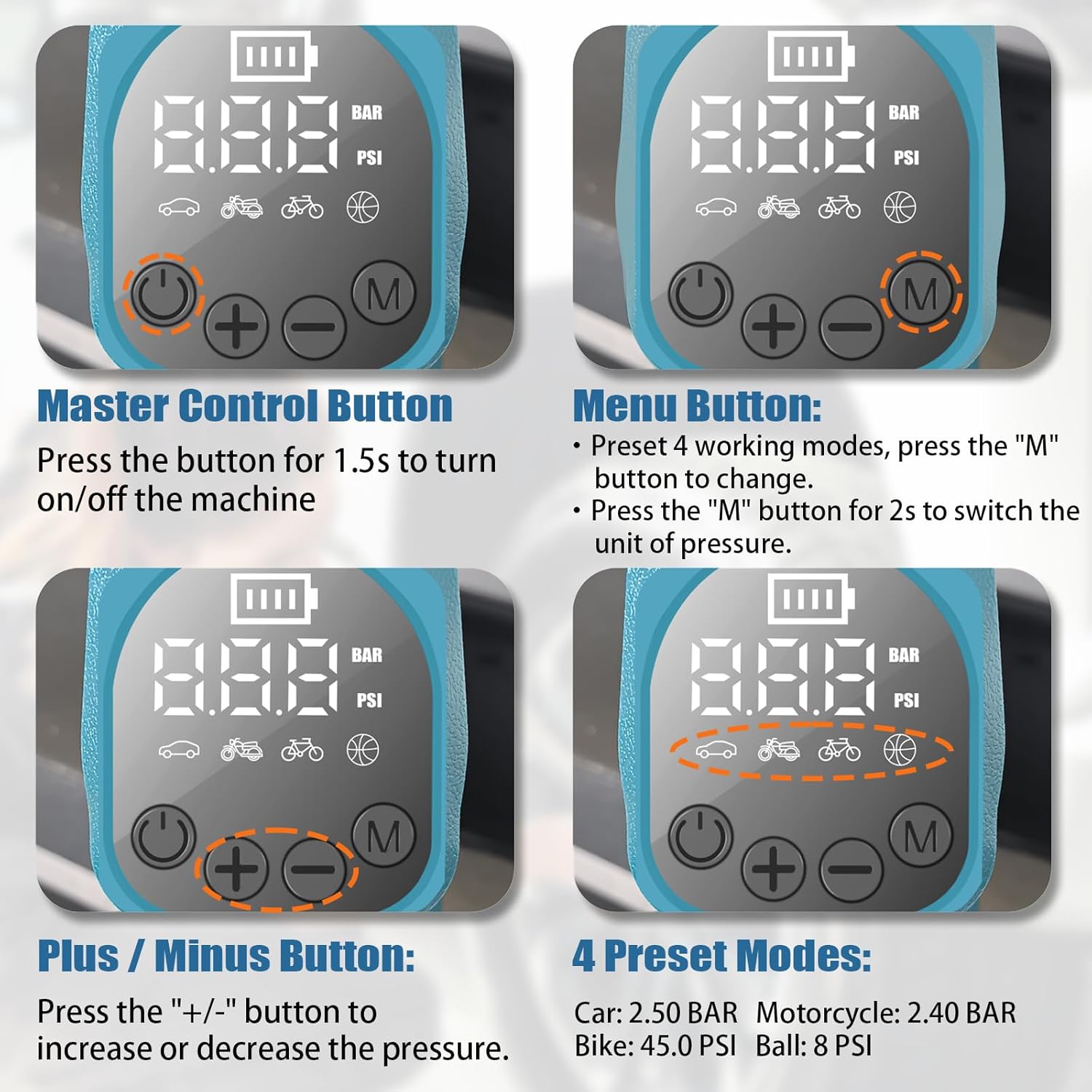 Akku Kompressor Inflator für Bosch Professional 18V System Akku, 150PSI tragbare Luftkompressor mit digitalem Manometer für Auto, Motorrad, Fahrrad Bälle(Keine Batterie) – Bild 3