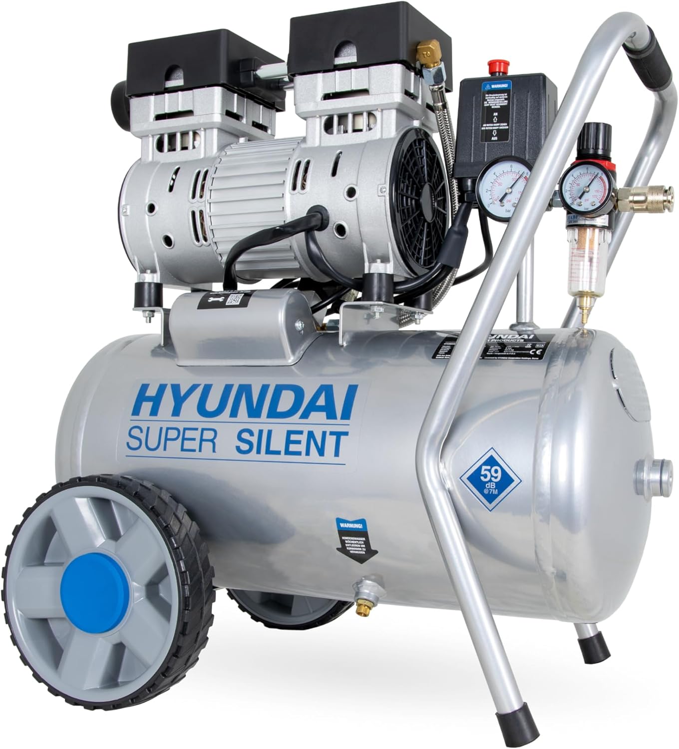 HYUNDAI Silent Kompressor SAC55752 | 24L Kessel, 8bar, ölfrei | 0.75kW / 1.0PS | Ansaugleistung 125 L/Min | Öl-Wasserabscheider | 59dB Luftkompressor leise, Flüster-Kompressor