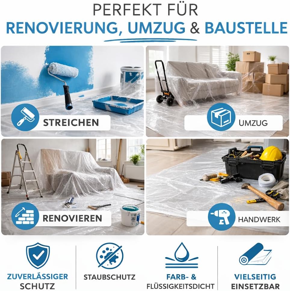 6x Malerplane 4x5 meter - Abdeckfolie - transparent & extra stark - als Malerfolie & Malervlies - Abdeckplane für Umzug & Renovierung – Bild 4