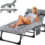 MOPHOTO Sonnenliege, Faltbare Sonnenliege für den Garten mit Matratze, verstellbare Rücken- und Beinauflagen, tragbar, für drinnen und draußen, zusammenklappbar(Grünes Kinderbett, Graue Matte)
