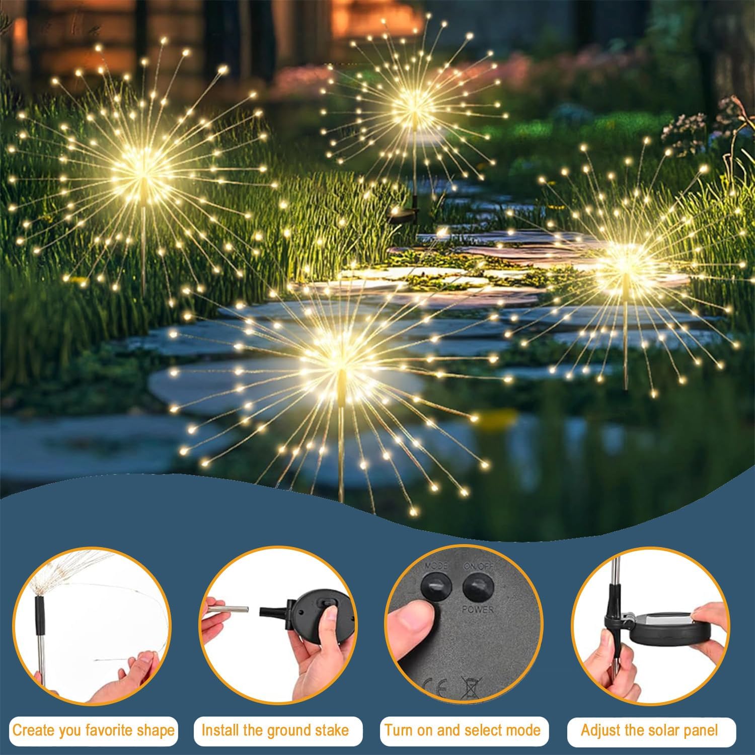 Solarleuchten für außen 2 Stück 150 LED Gartenleuchten Solar, 8 Modi Solar Gartenstecker Wasserdicht Solarleuchten Feuerwerk Solar Pusteblume für Terrasse Rasen Garten Deko – Bild 3