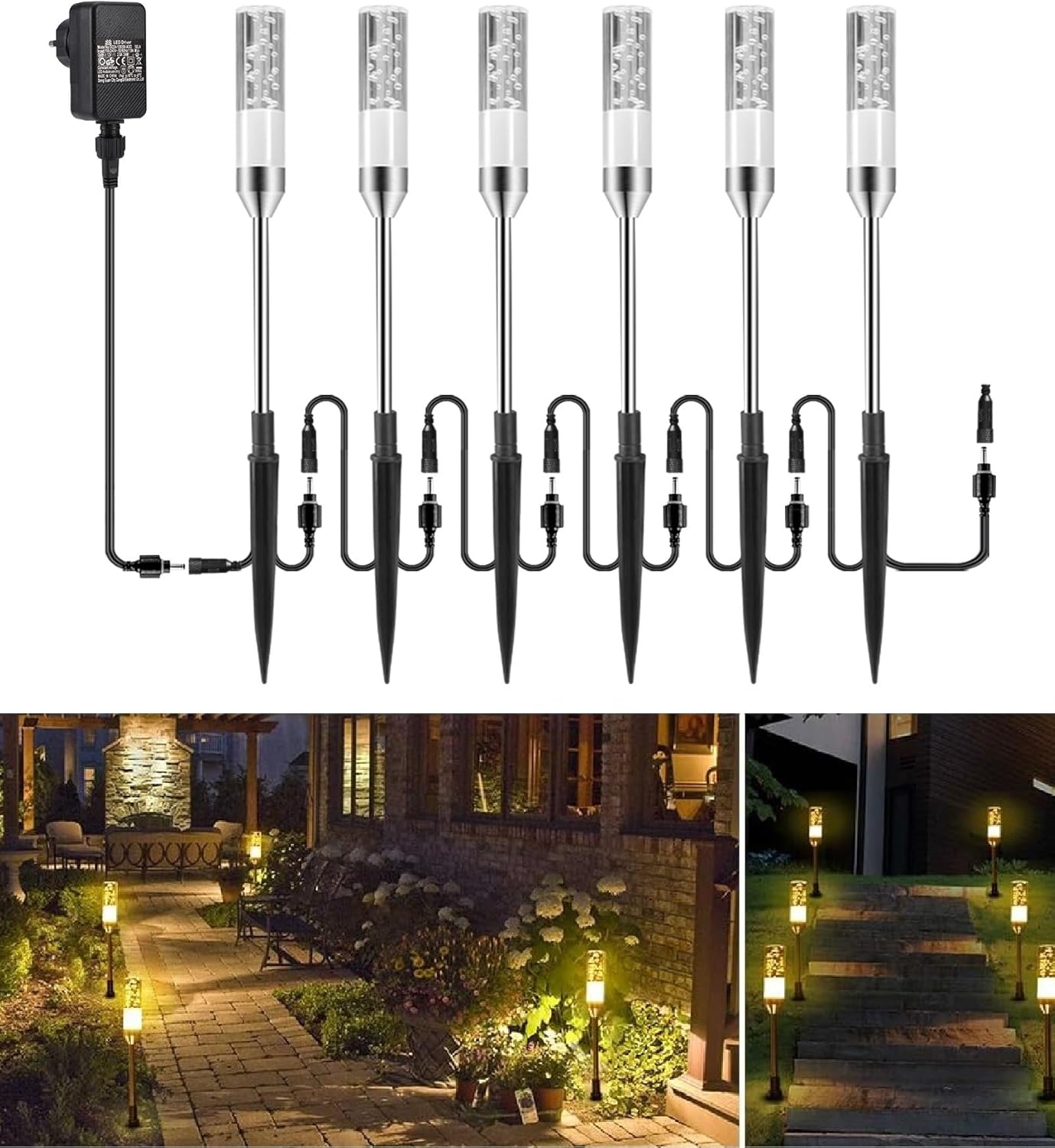 ECOWHO 6er Set Warmweiß LED Gartenleuchtung mit Erdspieß IP65 Wasserdicht Gartenstrahler mit Strom, Erweiterbar Gartenleuchte mit Kabel, Gartenlampe außen für Outdoor Garten Rasen Hof