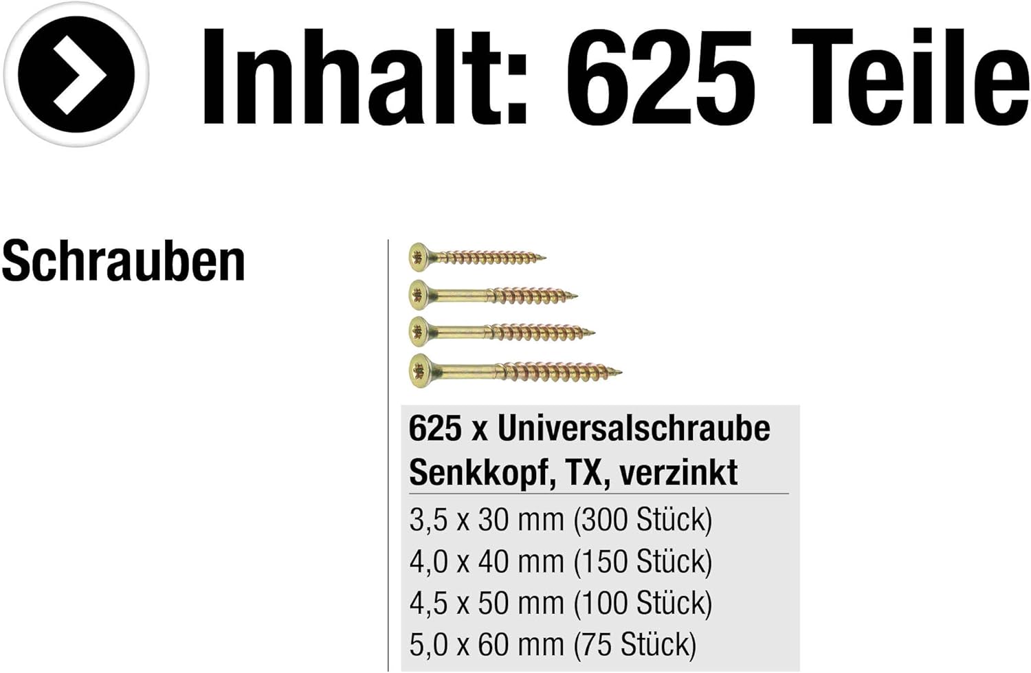 Connex Universalschrauben-Sortiment 625-teilig - Diverse Größen - Senkkopf - TX-Antrieb - Voll- & Teilgewinde - Gelb verzinkt / Schrauben-Set / Schrauben-Eimer / B30048 – Bild 2
