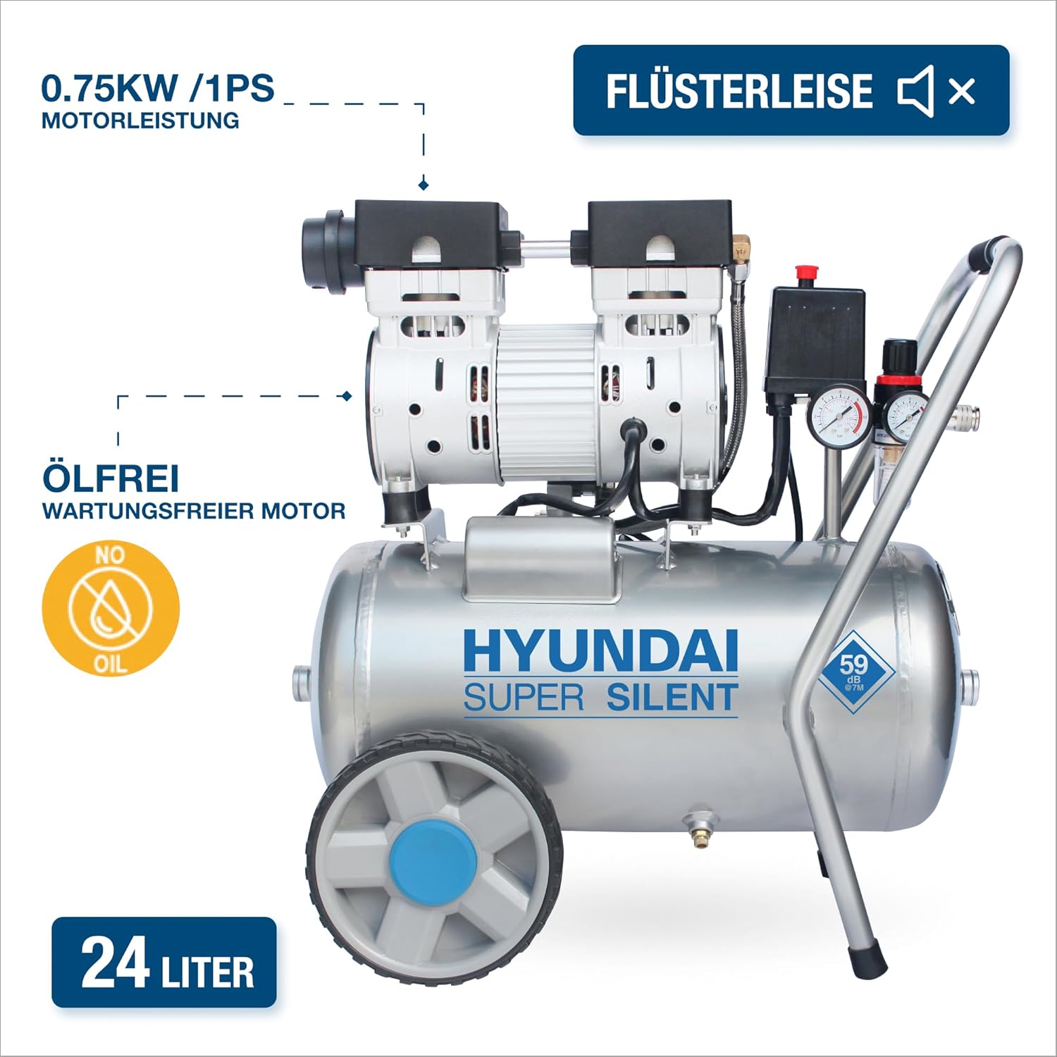 HYUNDAI Silent Kompressor SAC55752 | 24L Kessel, 8bar, ölfrei | 0.75kW / 1.0PS | Ansaugleistung 125 L/Min | Öl-Wasserabscheider | 59dB Luftkompressor leise, Flüster-Kompressor – Bild 2
