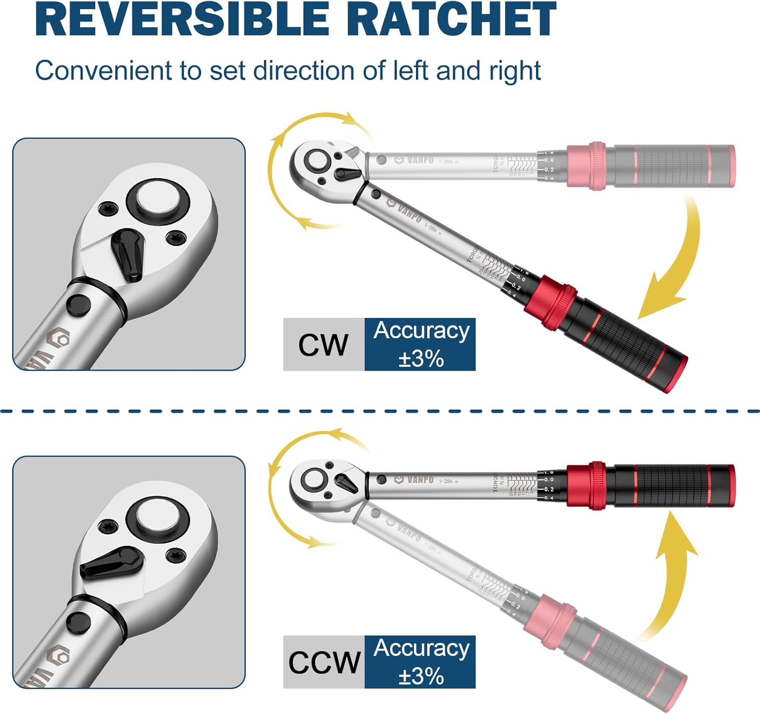 VANPO Drehmomentschlüssel 1/4 Zoll,1-25NM, 32-tlg Klein Drehmomentschlüssel Fahrrad & Motorrad Set mit Verlängerungsstange,Sechskant,Torx & Kreuzschlitz,72 Zähne,für Fahrräder, Mountainbike-Reparatur – Bild 5