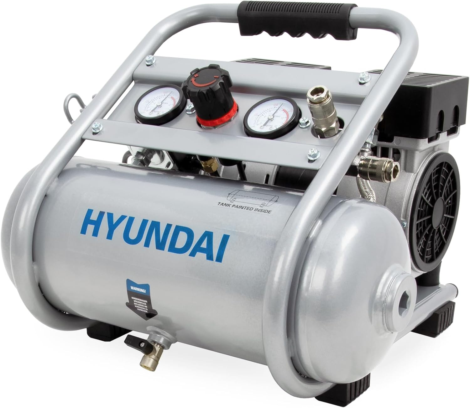 HYUNDAI Silent Kompressor SAC75008IC | 8L Kessel innen beschichtet | 0.75kW, 9bar | Ansaugleistung 128 L/Min | Luftkompressor leise, ölfrei | 2 Anschlüsse | Flüsterkompressor, Compressor flüsterleise