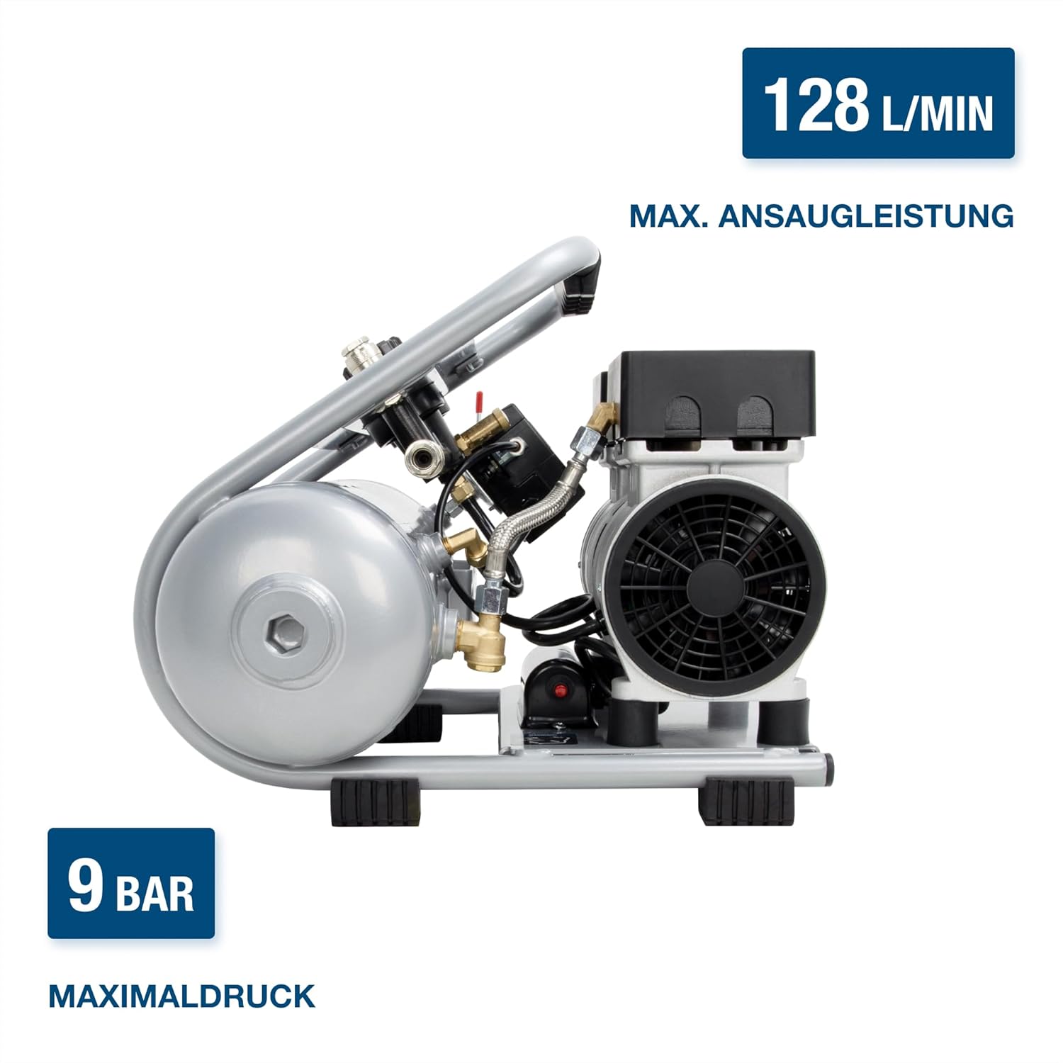 HYUNDAI Silent Kompressor SAC75008IC | 8L Kessel innen beschichtet | 0.75kW, 9bar | Ansaugleistung 128 L/Min | Luftkompressor leise, ölfrei | 2 Anschlüsse | Flüsterkompressor, Compressor flüsterleise – Bild 2