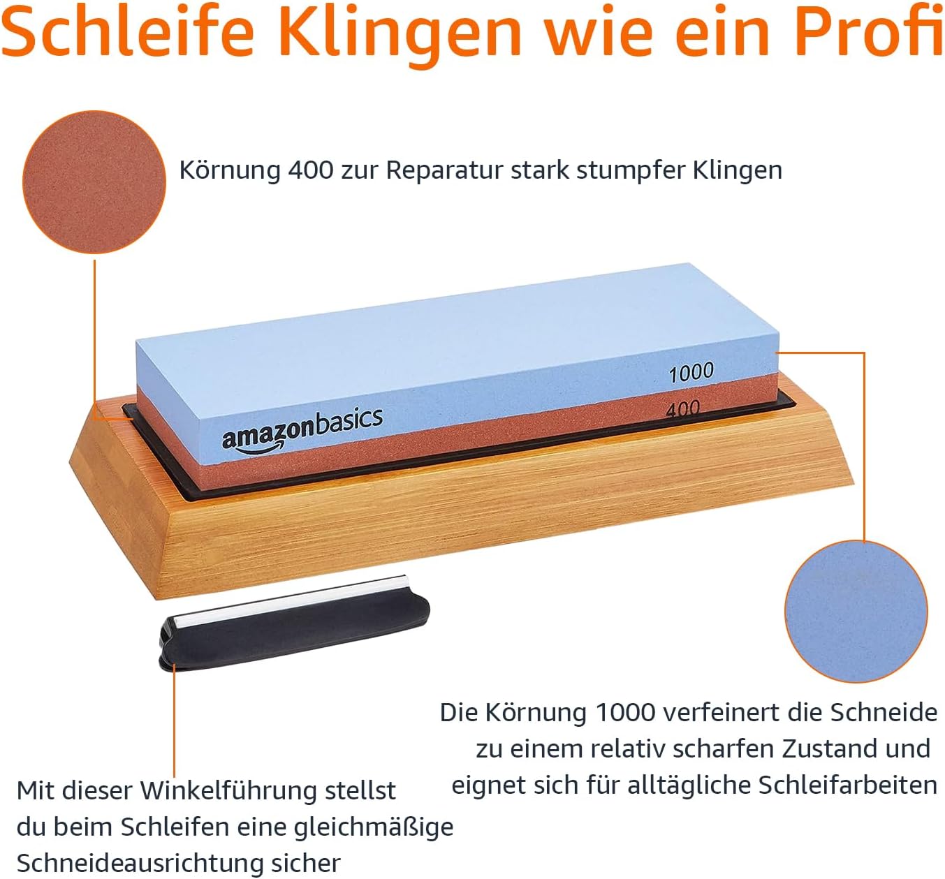 Amazon Basics Messerschärfstein, doppelseitig, Körnung 400/1000, mit rutschfester Bambusunterseite, 18 x 6.1 x 2.8 cm, Blau und Rot – Bild 3