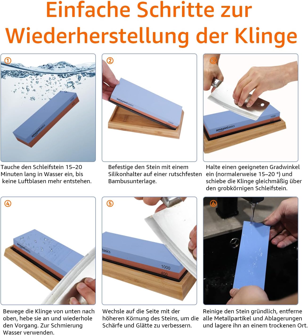 Amazon Basics Messerschärfstein, doppelseitig, Körnung 400/1000, mit rutschfester Bambusunterseite, 18 x 6.1 x 2.8 cm, Blau und Rot – Bild 4