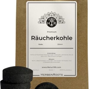 Räucherkohle 33 mm selbstzündend • 10 Kohletabletten für Räucherwerk, Weihrauch, Kräuter & Harze • Lange Brenndauer, ideal zum Räuchern • HerbsnRoots