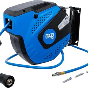 BGS 3297 | Druckluftschlauch mit Aufroller | automatisch | 10 m + 1,5 m Zuleitung | 180° schenkbar | inkl. Montagehalter | Schlauchaufroller | Druckluftschlauchtrommel