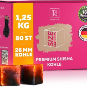 Shisha Kohle 1,25 KG 80 Würfel 26mm - 100% Organic Bio Naturkohle |ohne chemische Zusätze| Für Shisha & BBQ - Mit Kohle Grill und Shisha Zubehör wie HMD Smokebox & Kaminaufsatz Shishakohle Coal