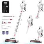 Akku Staubsauger Kabellos Vacuum Cleaner - 3-In-1 Akkustaubsauger Kabelloser Weiß Akkusauger Cordless mit Licht Stabstaubsauger ohne Kabel mit Display für Tierhaare Teppiche Hartböden Auto
