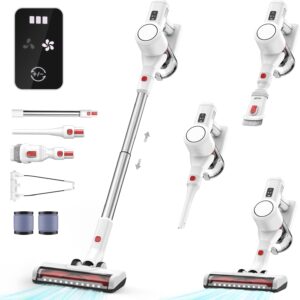 Akku Staubsauger Kabellos Vacuum Cleaner - 3-In-1 Akkustaubsauger Kabelloser Weiß Akkusauger Cordless mit Licht Stabstaubsauger ohne Kabel mit Display für Tierhaare Teppiche Hartböden Auto