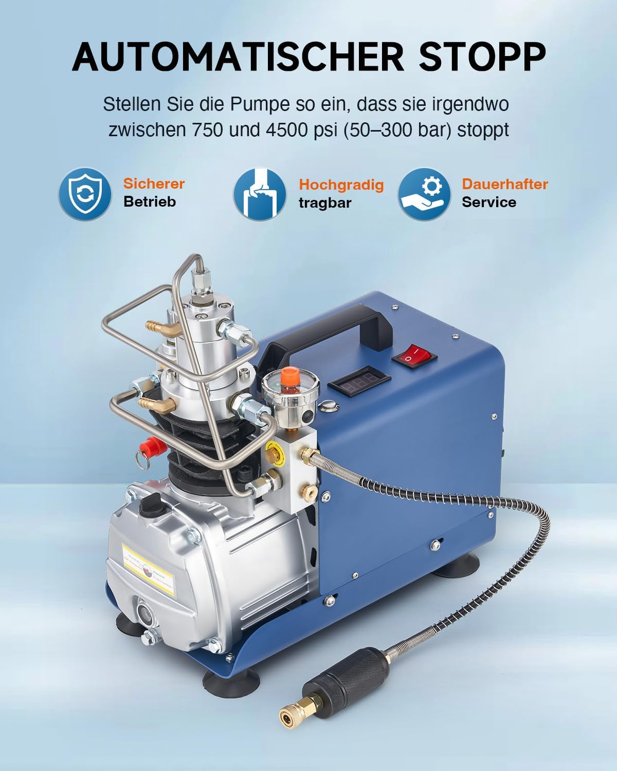 CREWORKS PCP Kompressor 300bar Automatisch Luftkompressor-Pumpe 4500PSI Hochdruckluftpumpe 1800W Kompressorpumpe Auto-Stop Kompressor 30MPA Hochdruck PCP Inflator für die Aufblasflasche – Bild 3