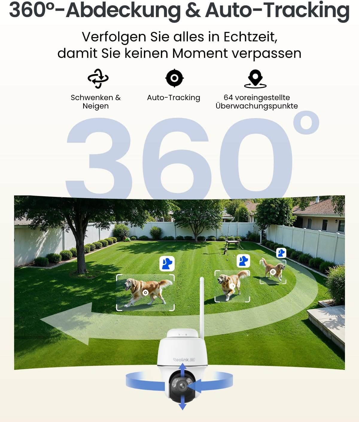 Reolink Erste 4K Solar Überwachungskamera Aussen Akku, Argus PT Ultra + Solarpanel, 2,4&5GHz WiFi, Auto-Tracking, Solar WLAN Kamera Outdoor mit 8MP UHD Farbnachtsicht, KI-Erkennung, Keine Monatsgebühr – Bild 3