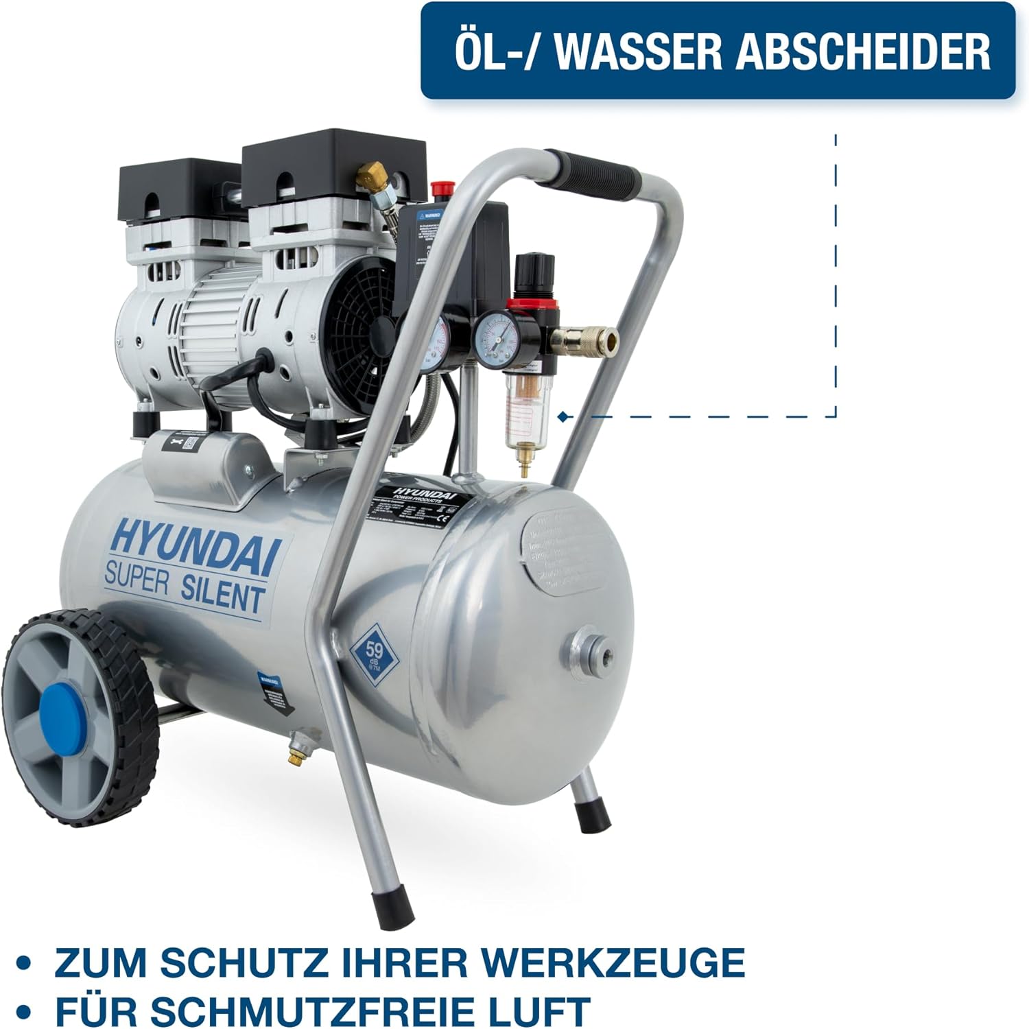 HYUNDAI Silent Kompressor SAC55752 | 24L Kessel, 8bar, ölfrei | 0.75kW / 1.0PS | Ansaugleistung 125 L/Min | Öl-Wasserabscheider | 59dB Luftkompressor leise, Flüster-Kompressor – Bild 3